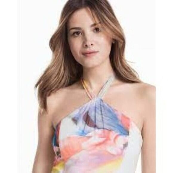 White House Black Market Watercolor Print Halter Dress 12 14 - Picture 3 of 7